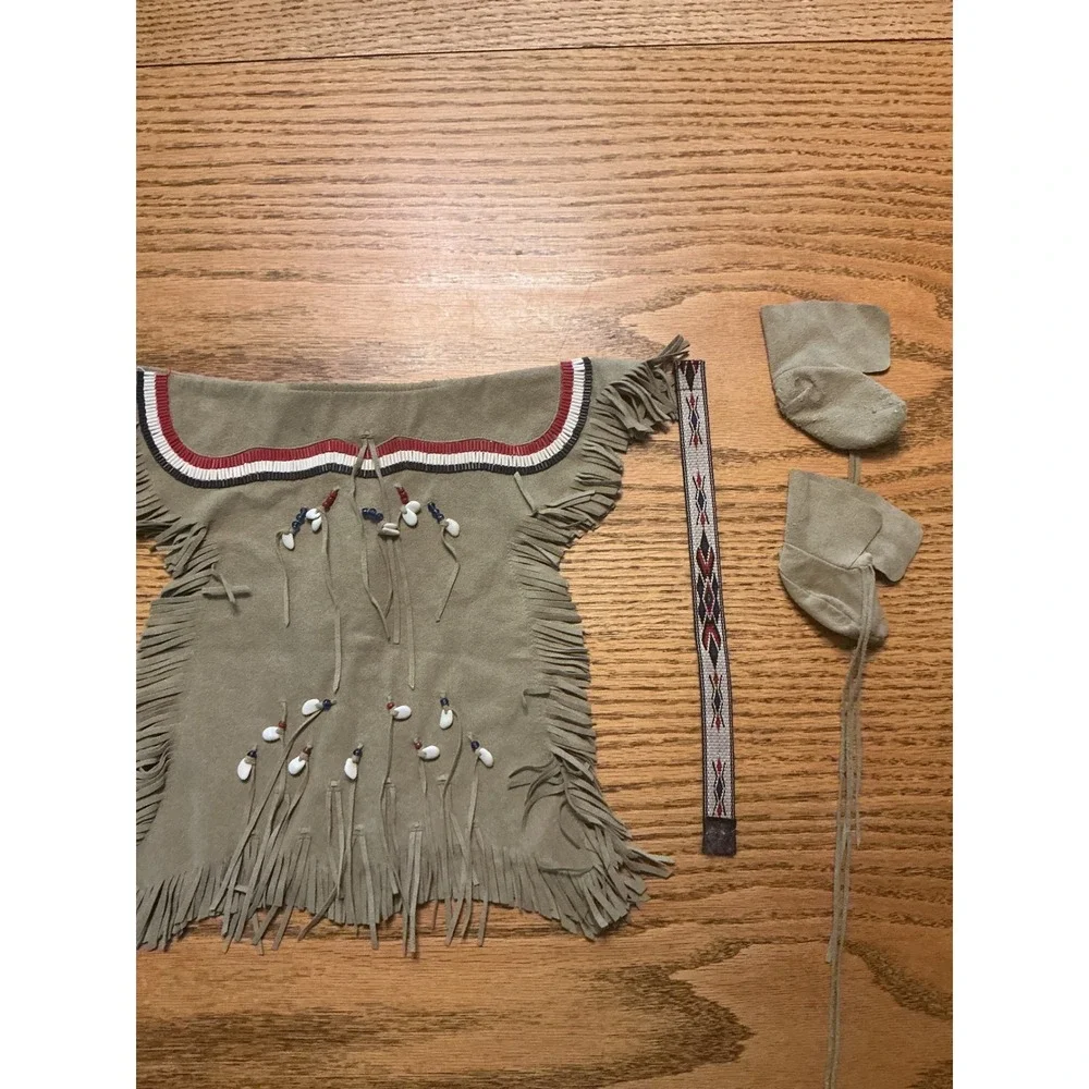 Miniature Suede Leather Doll Outfit Beaded Fringed Top Shells Headband Booties